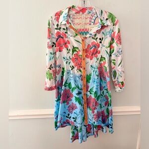 Aratta Silent Journey Tunic Top SZ S Blue Floral Flowy Embroidered Button Front